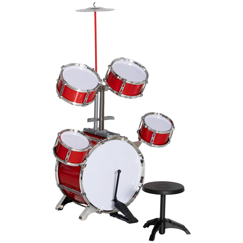 Bateria Infantil com Banco Bateria para Crianças Acima de 3 Anos com Tambores Prato Pedas e Baquetas 68,5x37x84 cm Vermelho