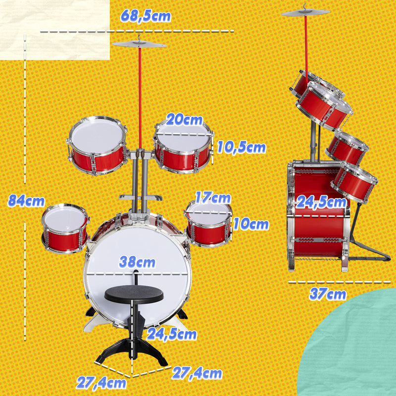 Bateria Infantil com Banco Bateria para Crianças Acima de 3 Anos com Tambores Prato Pedas e Baquetas 68,5x37x84 cm Vermelho