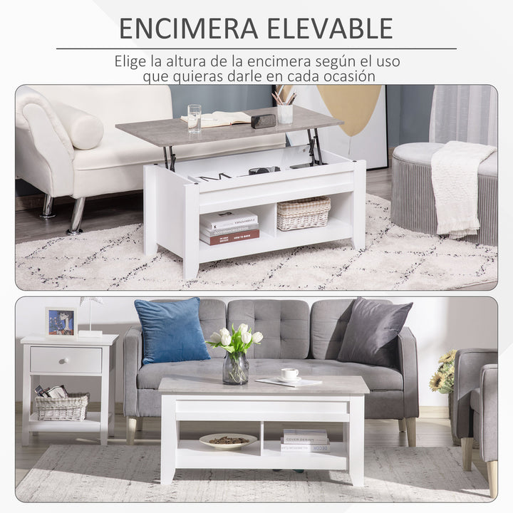 Mesa de Centro com Bancada Elevável Mesa de Centro com 2 Compartimentos Abertos Bancada de Imitação a Mármore Mesa Retangular para Sala de Estar 105x50x49cm Branco