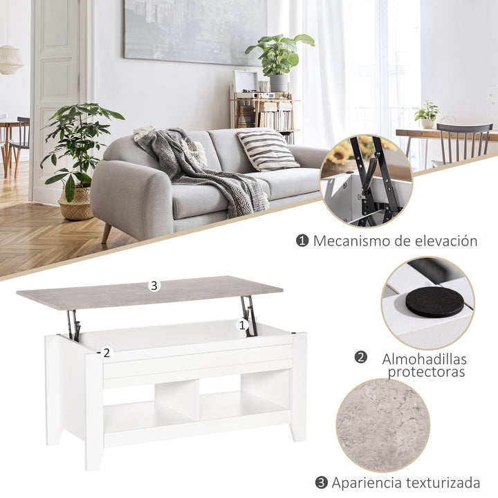 Mesa de Centro com Bancada Elevável Mesa de Centro com 2 Compartimentos Abertos Bancada de Imitação a Mármore Mesa Retangular para Sala de Estar 105x50x49cm Branco