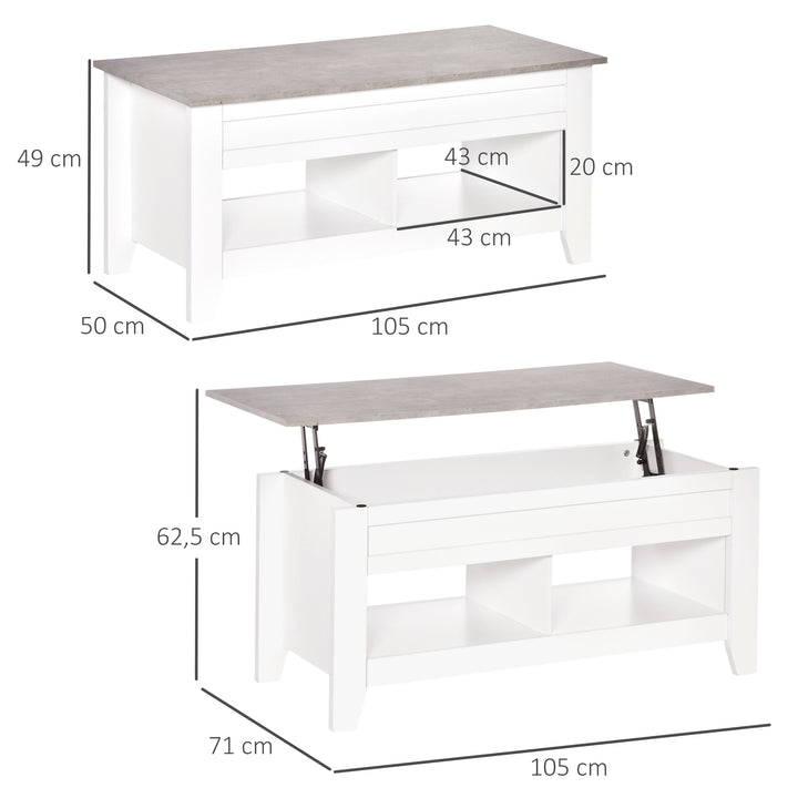 Mesa de Centro com Bancada Elevável Mesa de Centro com 2 Compartimentos Abertos Bancada de Imitação a Mármore Mesa Retangular para Sala de Estar 105x50x49cm Branco