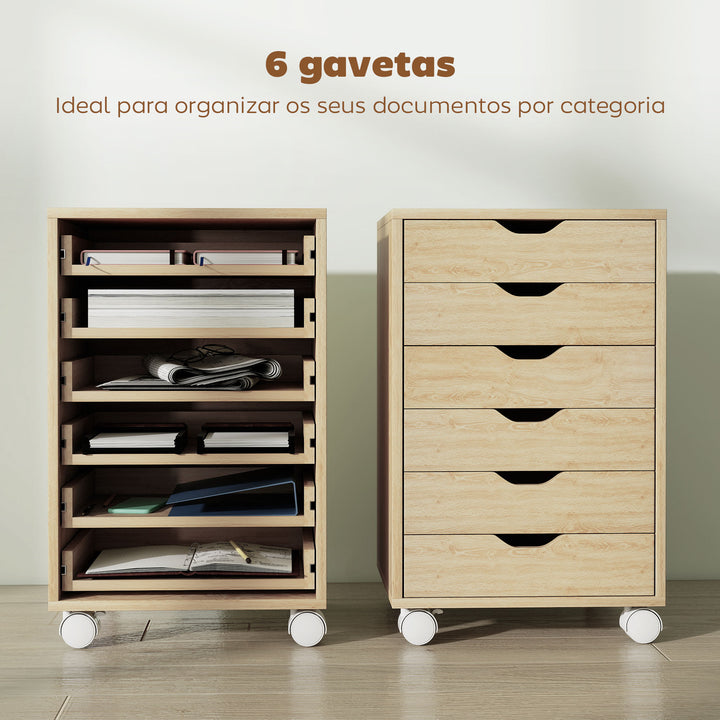 Bloco de Gavetas Móvel Arquivador com 6 Gavetas Suporte para Impressora com Rodas Guias Deslizantes Silenciosas para Escritório Casa 40x35x63 cm Madeira