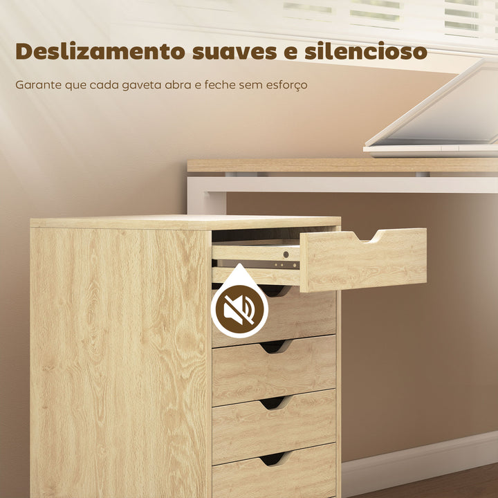 Bloco de Gavetas Móvel Arquivador com 6 Gavetas Suporte para Impressora com Rodas Guias Deslizantes Silenciosas para Escritório Casa 40x35x63 cm Madeira