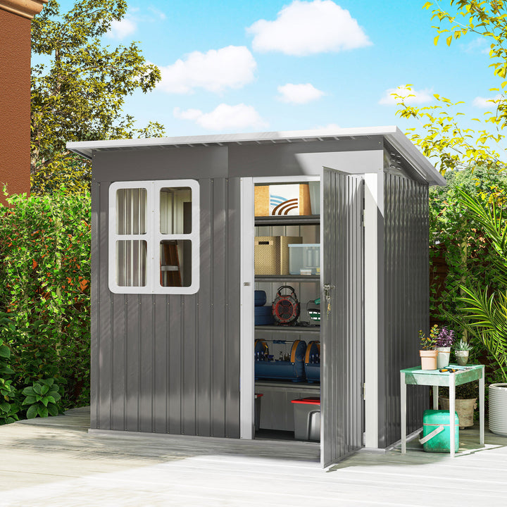 Abrigo de Jardim Exterior 2,55 m² 221x133x190 cm Abrigo de Exterior Metálico com Janela Porta com Fechadura e Ventilações para Armazenamento de Ferramentas Cinzento Escuro