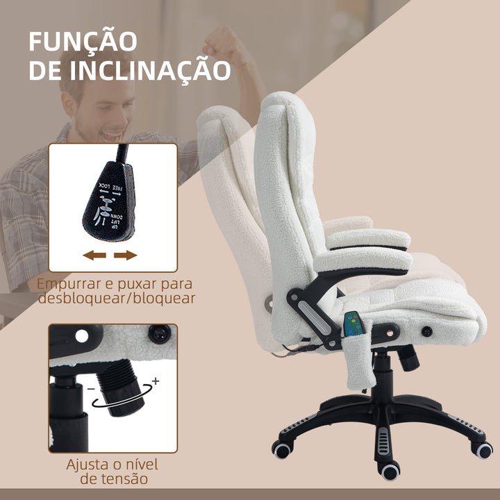 Cadeira de Massagem com 6 Pontos de Massagem Cadeira de Escritório Reclinável até 130° com Função de Aquecimento Altura Ajustável e Rodas para Estúdio 67x74x107-116 cm Branco