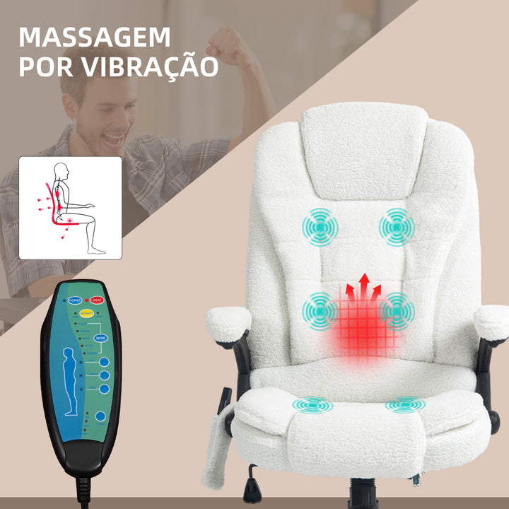Cadeira de Massagem com 6 Pontos de Massagem Cadeira de Escritório Reclinável até 130° com Função de Aquecimento Altura Ajustável e Rodas para Estúdio 67x74x107-116 cm Branco