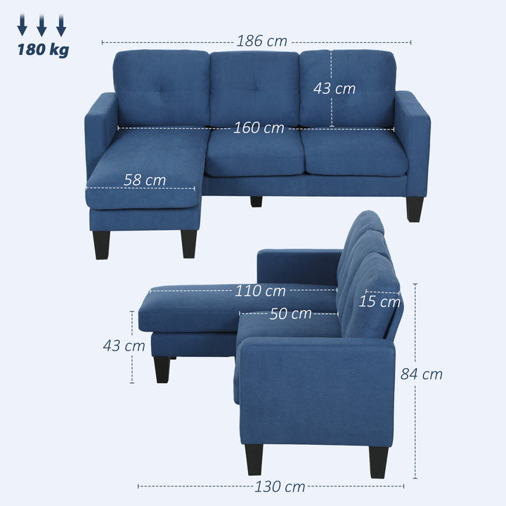 Sofá Chaise Longue Sofá em Forma de L Estofado em Poliéster Sofá de Canto Reversível com 3 Almofadas e Pés de Madeira para Sala de Estar Carga Máxima 180 kg 186x130x84 cm Azul Escuro