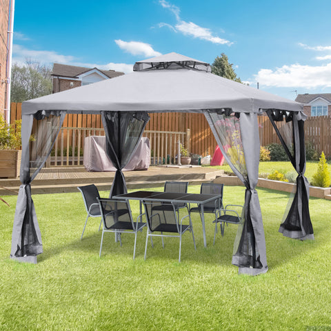 Pérgola de Jardim 294x294x265cm Pérgola de Exterior com Duplo Teto de Ventilação 8 Orifícios de Drenagem e 4 Telas Mosquiteiras com Fecho de Correr para Festas Pátio Cinza