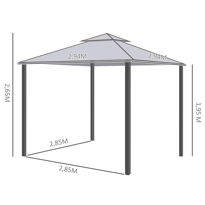 Pérgola de Jardim 294x294x265cm Pérgola de Exterior com Duplo Teto de Ventilação 8 Orifícios de Drenagem e 4 Telas Mosquiteiras com Fecho de Correr para Festas Pátio Cinza