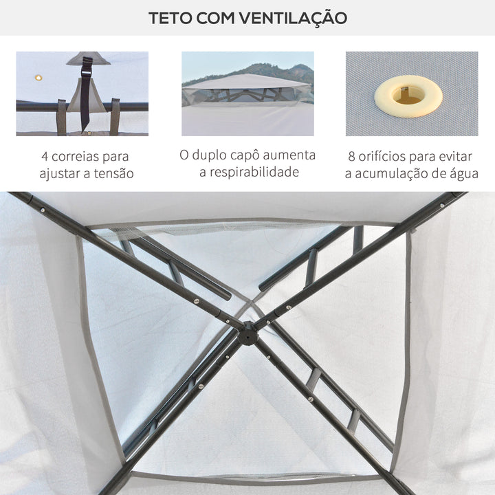 Pérgola de Jardim 294x294x265cm Pérgola de Exterior com Duplo Teto de Ventilação 8 Orifícios de Drenagem e 4 Telas Mosquiteiras com Fecho de Correr para Festas Pátio Cinza