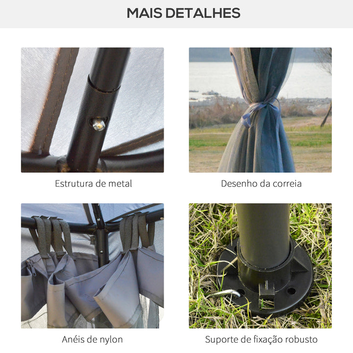 Pérgola de Jardim 294x294x265cm Pérgola de Exterior com Duplo Teto de Ventilação 8 Orifícios de Drenagem e 4 Telas Mosquiteiras com Fecho de Correr para Festas Pátio Cinza
