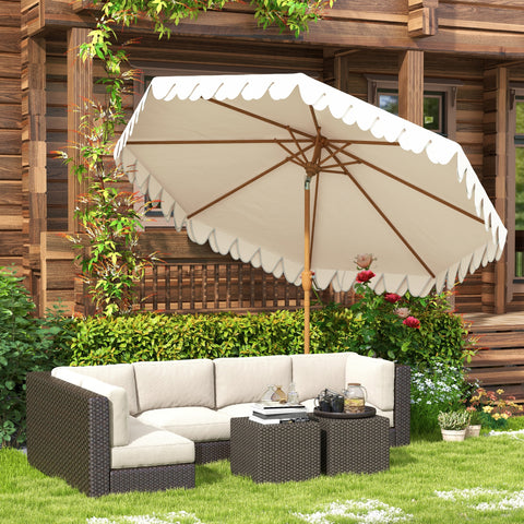 Chapéu de Sol para Terraço Exterior, Ø264x240 cm Chapéu de Sol de Jardim com Ângulo Ajustável Manivela e Volantes Impermeável Parasol para Praia Pátio Varanda Creme