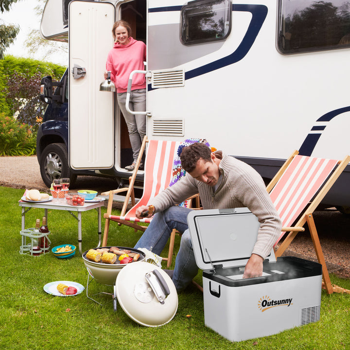 Frigorífico e Congelador de Compressor 25L Portátil até -20? com Luz LED e Alças Dobráveis Frigorífico de Carro 12V/24V e 240V para Casa Campismo Viagem 58,5x33,5x35,2cm Branco