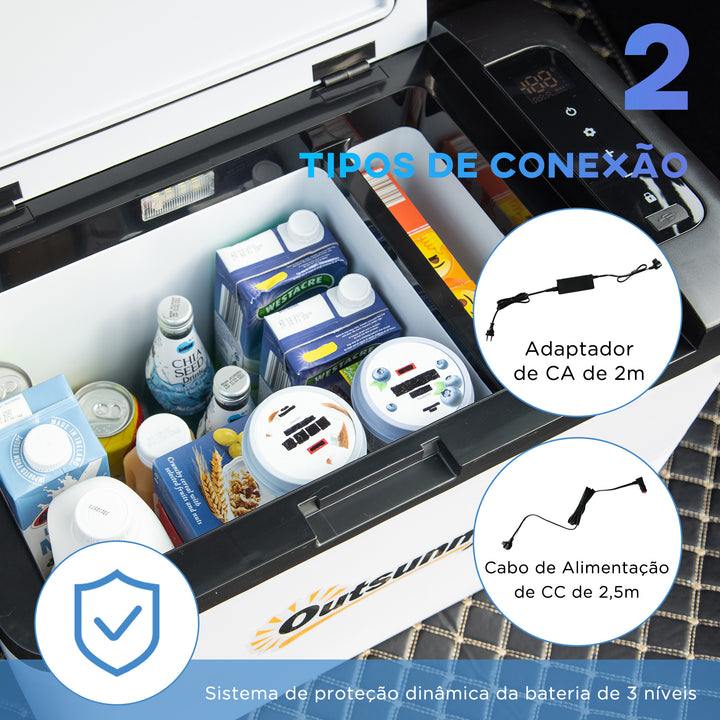 Frigorífico e Congelador de Compressor 25L Portátil até -20? com Luz LED e Alças Dobráveis Frigorífico de Carro 12V/24V e 240V para Casa Campismo Viagem 58,5x33,5x35,2cm Branco