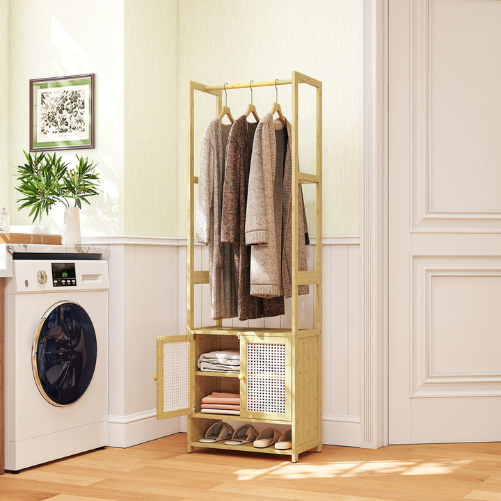 Móvel Cabide de Entrada Cabide para Roupas de Bambu com Sapateira Barra para Pendurar Prateleira Ajustável para Entrada Corredor Quarto 53x31x168 cm Madeira