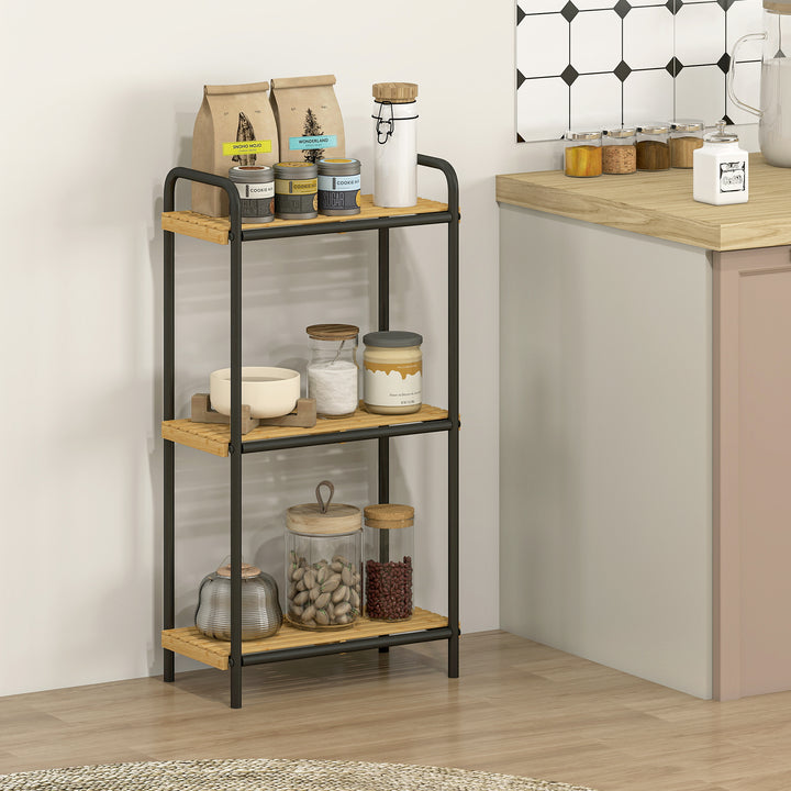 Estante de Casa de Banho de Bambu de 3 Níveis Estante de Armazenamento com 3 Prateleiras Abertas Desenho de Ripas e Estrutura de Aço para Cozinha Casa de Banho 41,5x21,5x77,5 cm Madeira e Preto