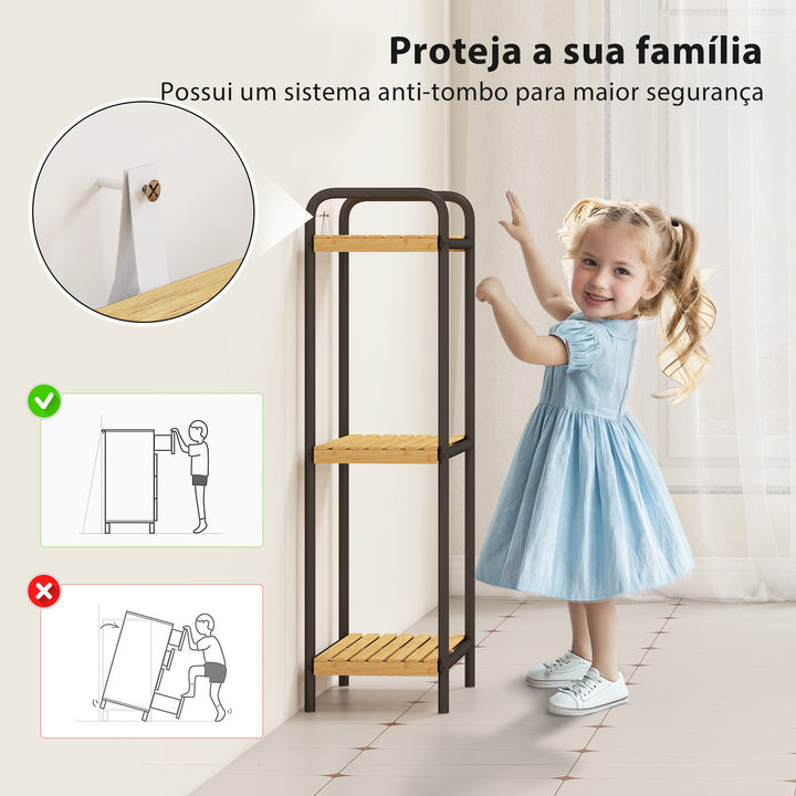 Estante de Casa de Banho de Bambu de 3 Níveis Estante de Armazenamento com 3 Prateleiras Abertas Desenho de Ripas e Estrutura de Aço para Cozinha Casa de Banho 41,5x21,5x77,5 cm Madeira e Preto