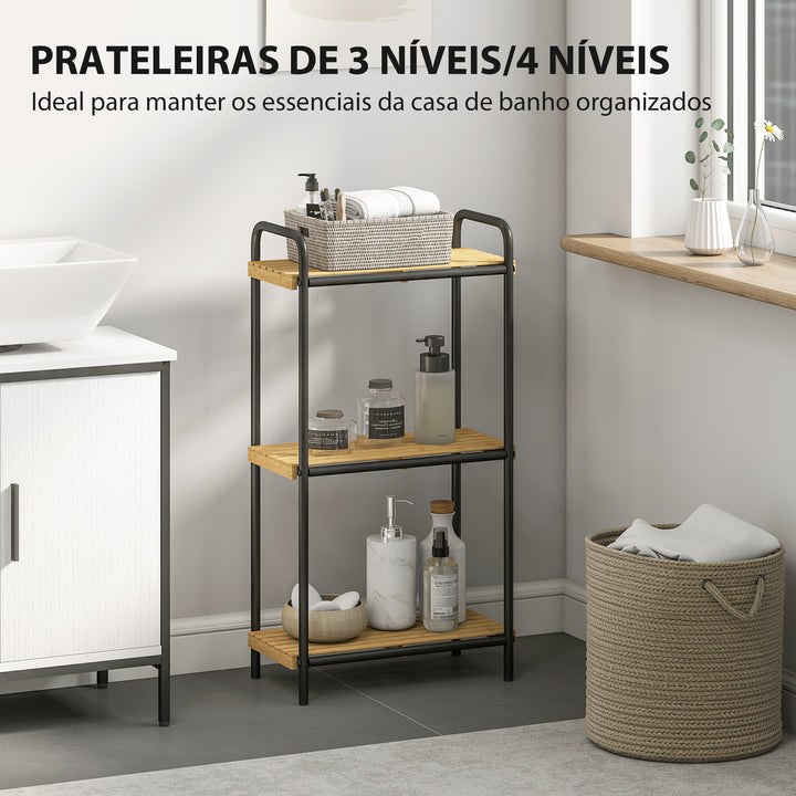Estante de Casa de Banho de Bambu de 3 Níveis Estante de Armazenamento com 3 Prateleiras Abertas Desenho de Ripas e Estrutura de Aço para Cozinha Casa de Banho 41,5x21,5x77,5 cm Madeira e Preto