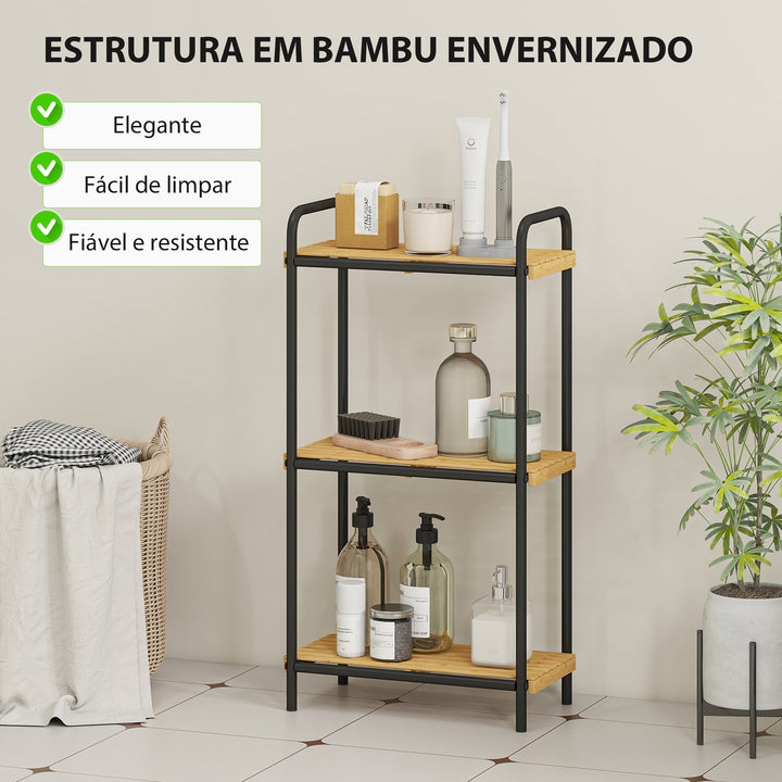 Estante de Casa de Banho de Bambu de 3 Níveis Estante de Armazenamento com 3 Prateleiras Abertas Desenho de Ripas e Estrutura de Aço para Cozinha Casa de Banho 41,5x21,5x77,5 cm Madeira e Preto