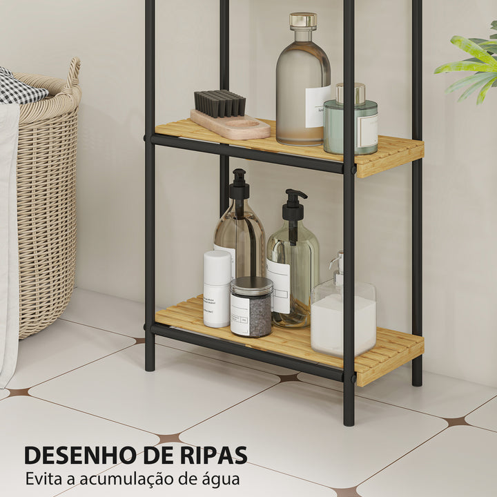 Estante de Casa de Banho de Bambu de 3 Níveis Estante de Armazenamento com 3 Prateleiras Abertas Desenho de Ripas e Estrutura de Aço para Cozinha Casa de Banho 41,5x21,5x77,5 cm Madeira e Preto