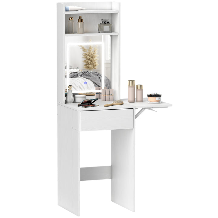 Tocador de Maquilhagem com Luzes LED de Cor Ajustável e Espelho Tocador com Lateral Rebatível Gaveta Compartimentos Abertos para Espaços Pequenos 45x45x152 cm Branco