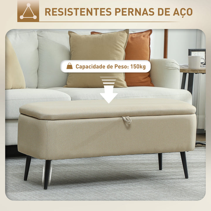 Banco de Armazenamento Estofado em Linho com Tampa Abatível e Pés de Aço para Dormitório Sala de Estar Entrada Carga Máxima 150kg 101x38,5x44,5 cm Bege