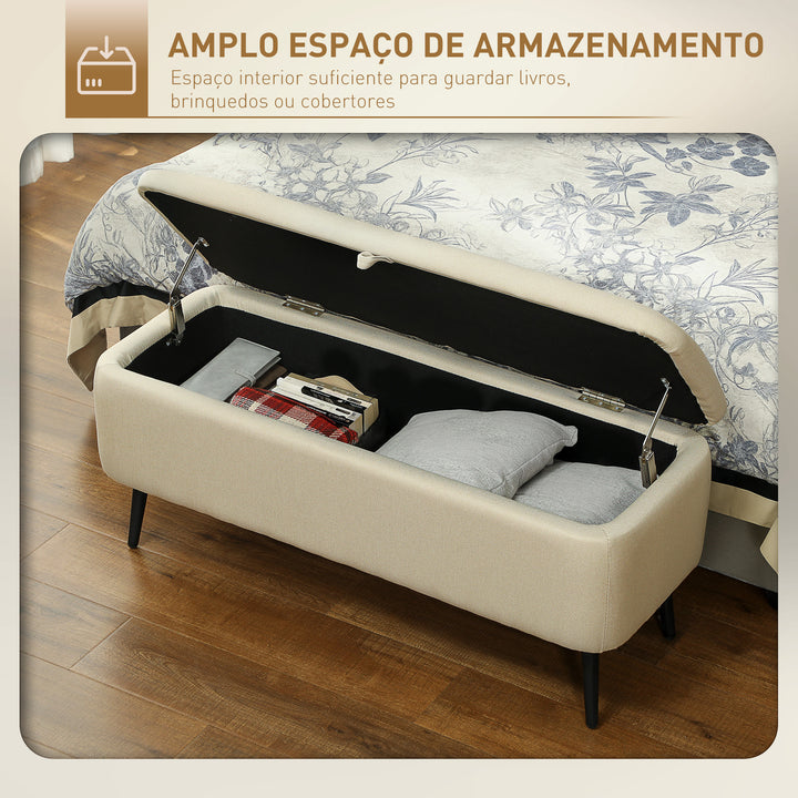 Banco de Armazenamento Estofado em Linho com Tampa Abatível e Pés de Aço para Dormitório Sala de Estar Entrada Carga Máxima 150kg 101x38,5x44,5 cm Bege
