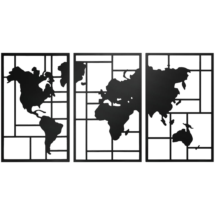 Decoração de Parede em Metal com Mapa Múndi Conjunto de 3 Peças Quadros de Parede Metálicos, para Sala Quarto Corredor Preto
