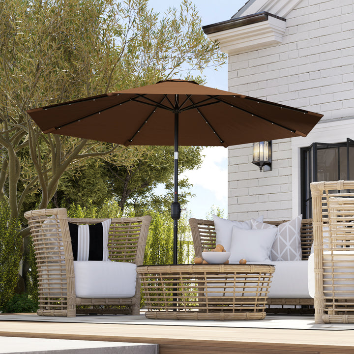 Chapéu de Sol com 32 Luzes LED Solares Ø265x233cm Chapéu de Sol Inclinável com Manivela e Mastro de Aço para Terraço Pátio Exterior Marrom