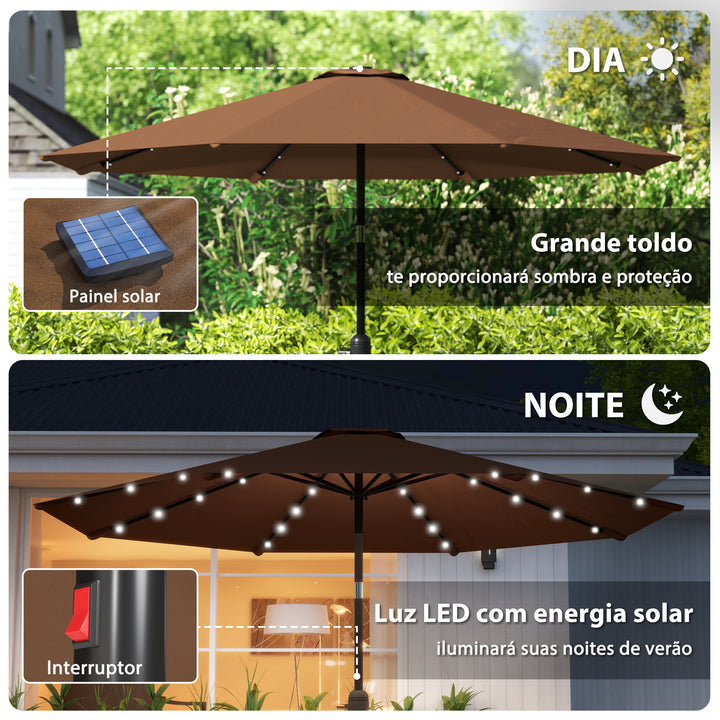 Chapéu de Sol com 32 Luzes LED Solares Ø265x233cm Chapéu de Sol Inclinável com Manivela e Mastro de Aço para Terraço Pátio Exterior Marrom