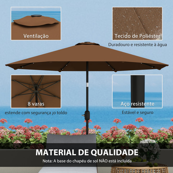 Chapéu de Sol com 32 Luzes LED Solares Ø265x233cm Chapéu de Sol Inclinável com Manivela e Mastro de Aço para Terraço Pátio Exterior Marrom