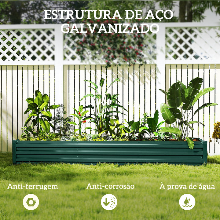 Floreira Exterior Grande Retangular em Aço Galvanizado Horta Urbana para Cultivar Plantas e Ervas Floreira com Base Aberta Resistente às Intempéries 240x60x30 cm Verde