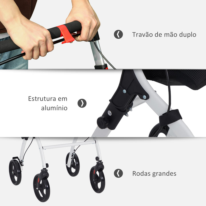Andarilho para Idosos Dobrável de Alumínio Andador para Pessoas Maiores com 4 Rodas e Bandeja Andarilho com Altura Ajustável Travão e Bolsa de Transporte 64,5x54x90-102 cm Preto e Branco