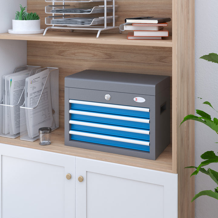Caixa de Ferramentas Metálica Mala de Ferramentas com 4 Gavetas Bandeja Superior Fecho e Pegas Laterais Carga 20 kg 45x24,5x32,5 cm Cinzento e Azul
