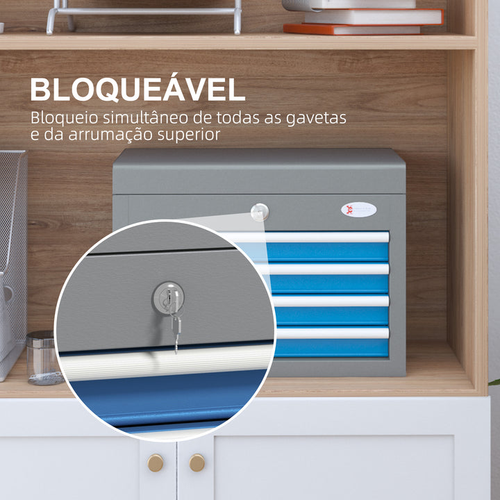 Caixa de Ferramentas Metálica Mala de Ferramentas com 4 Gavetas Bandeja Superior Fecho e Pegas Laterais Carga 20 kg 45x24,5x32,5 cm Cinzento e Azul