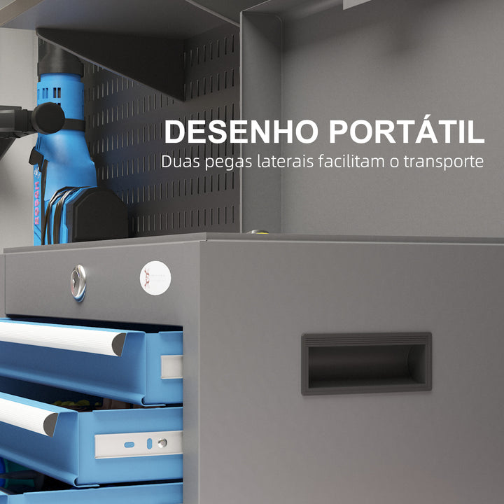 Caixa de Ferramentas Metálica Mala de Ferramentas com 4 Gavetas Bandeja Superior Fecho e Pegas Laterais Carga 20 kg 45x24,5x32,5 cm Cinzento e Azul