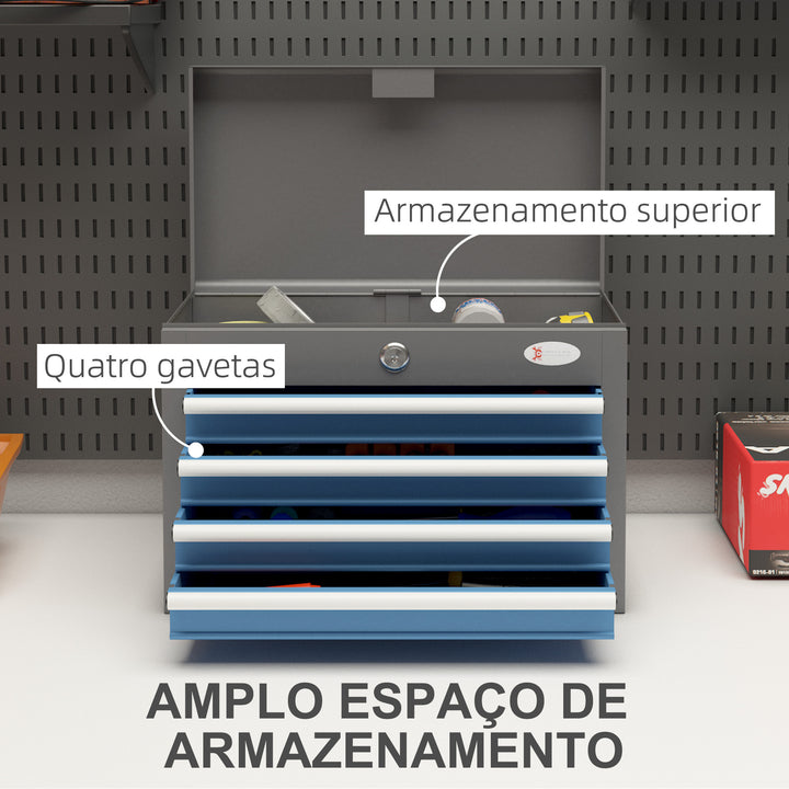 Caixa de Ferramentas Metálica Mala de Ferramentas com 4 Gavetas Bandeja Superior Fecho e Pegas Laterais Carga 20 kg 45x24,5x32,5 cm Cinzento e Azul