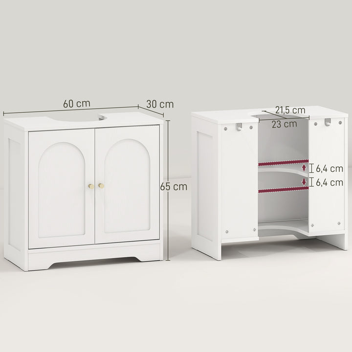 Móvel para Lavatório Pousar Móvel de Casa de Banho com 2 Portas com Desenho em Arco Prateleira Ajustável Puxadores Dourados para Lavatório com ou sem Pedestal 60x30x65 cm Branco