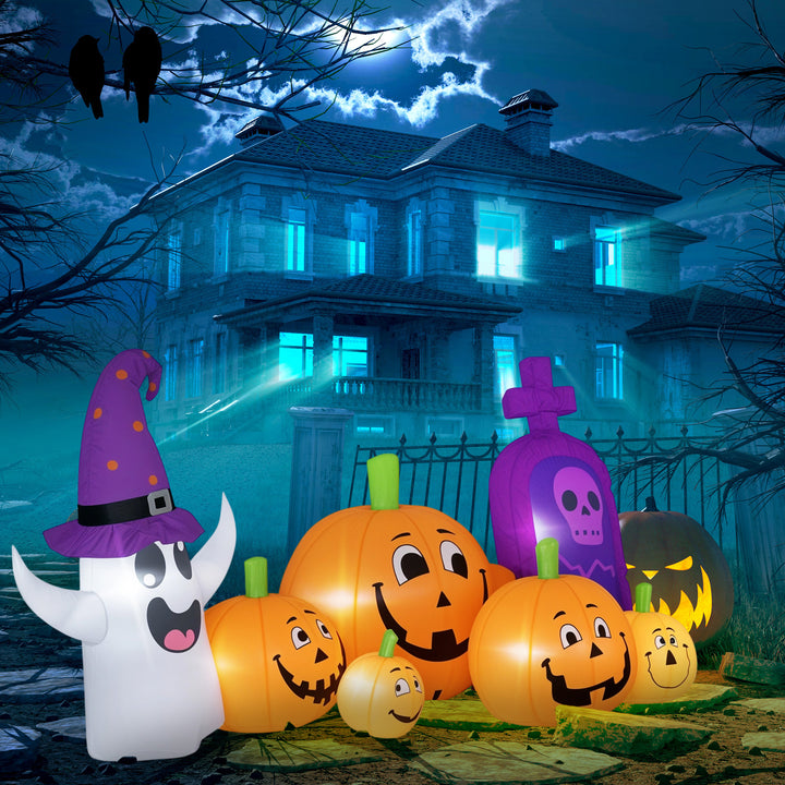 Abóbora Insuflável de Halloween com Fantasma e Lápida Decoração de Halloween com Luzes LED IP44 e Insuflador para Jardim Festas Exterior 240x130x130 cm Multicolor