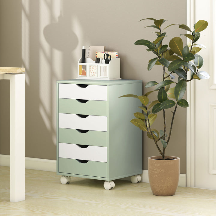 Bloco de Gavetas Móvel Arquivador com 6 Gavetas Suporte para Impressora com Rodas Guias Deslizantes Silenciosas para Escritório Casa 40x35x63 cm Verde e Branco