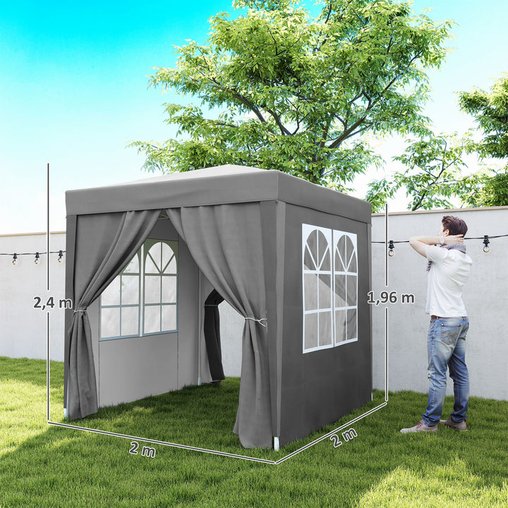 Tenda Dobrável 2x2 m Tenda Pop-up para Jardim com 4 Paredes Laterais 2 Janelas e Saco de Transporte Anti-UV Impermeável Tenda para Festas, Exterior Cinzento