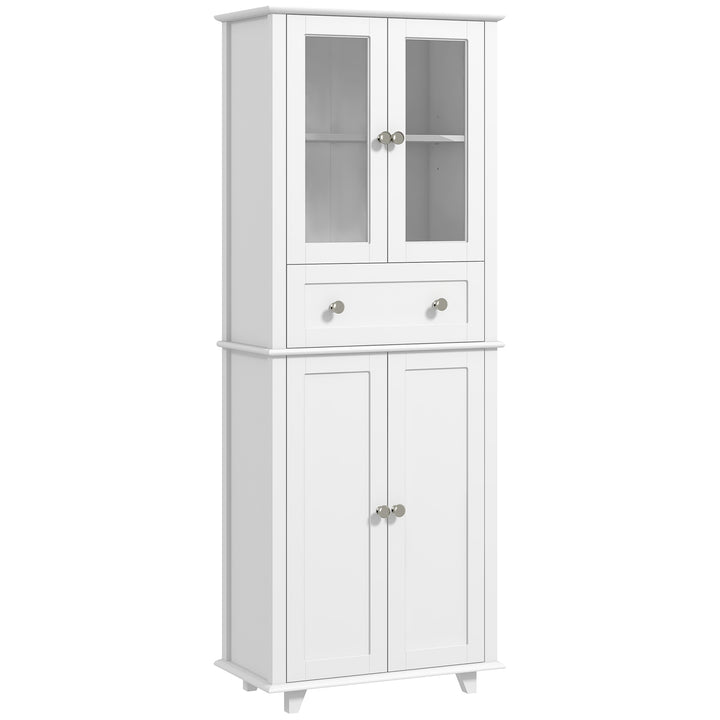 Armário de Cozinha Móvel Auxiliar de Cozinha com 2 Portas de Vidro Temperado Gaveta e Prateleiras Ajustáveis para Sala 61x35x168,5 cm Branco