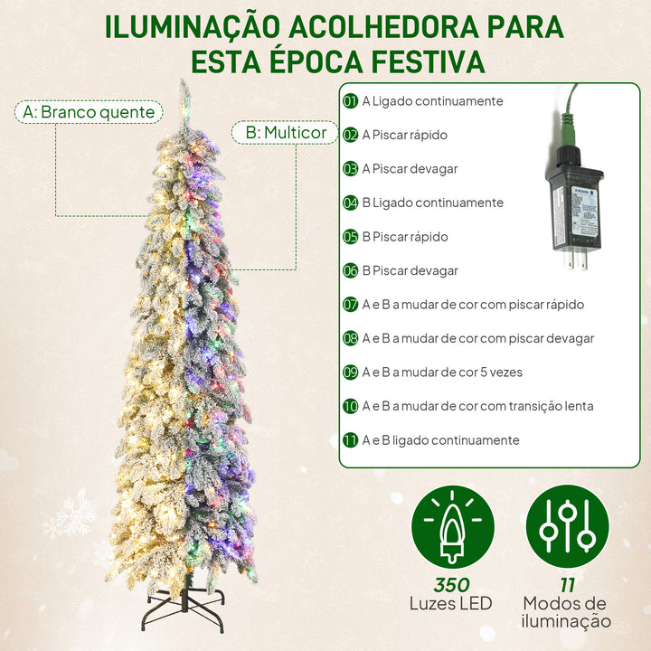 Árvore de Natal Estreita 225 cm Árvore de Natal Nevada com Luzes LED Bicolores Temporizador 11 Modos de Iluminação 800 Ramos Suporte em Aço Montagem Fácil Verde