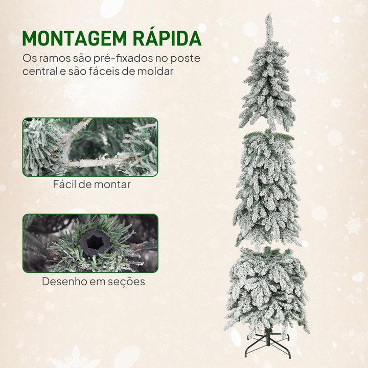 Árvore de Natal Estreita 225 cm Árvore de Natal Nevada com Luzes LED Bicolores Temporizador 11 Modos de Iluminação 800 Ramos Suporte em Aço Montagem Fácil Verde