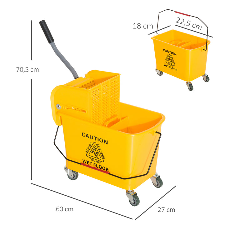Balde de esfrega profissional 20L com rodas e prensa Balde de esfrega industrial Amarelo 63x27x67cm