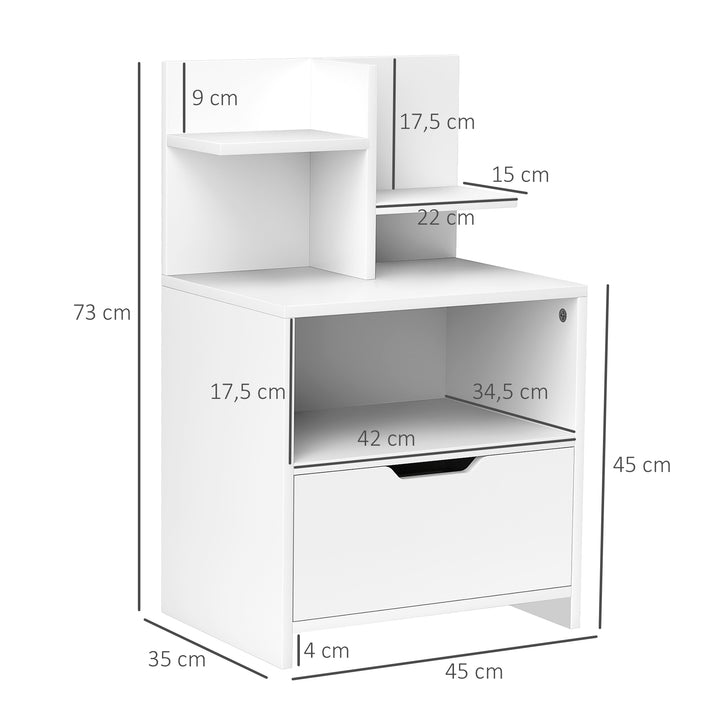 Mesa de Cabeceira de Madeira Mesa de Cabeceira Moderna com Gaveta e Prateleiras de Armazenamento Mesa Auxiliar para Sala de Estar Dormitório 45x35x73 cm Branco
