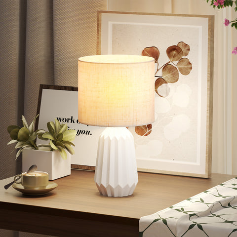 Candeeiro de Mesa com Base de Cerâmica e Ecrã de Linho Candeeiro de Mesa de Cabeceira Estilo Retro com Interruptor para Quarto Sala E27 40W Ø22x39 cm Branco e Bege