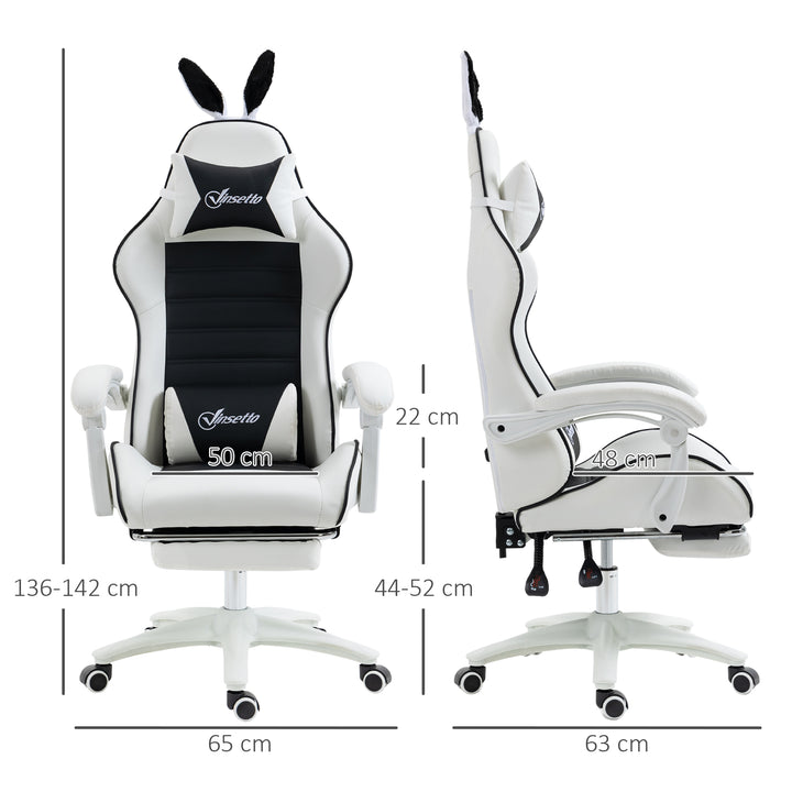 Cadeira Gaming Profissional Cadeira Gamer Giratória de Couro PU com Altura Ajustável Inclinável 135° Apoio para a Cabeça e Apoio para os Pés para Escritório 65x63x136-142 cm Branco e Preto