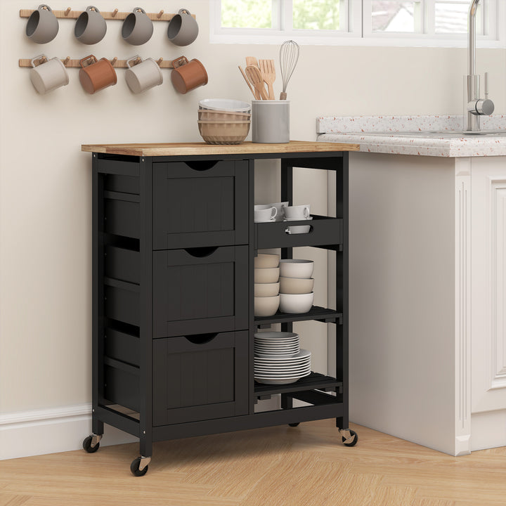 Carrinho de Cozinha com Rodas Carrinho de Serviço Multiuso com 3 Gavetas 2 Prateleiras Abertas e Bandeja para Sala de Jantar Sala de Estar 67x37x85,5 cm Preto
