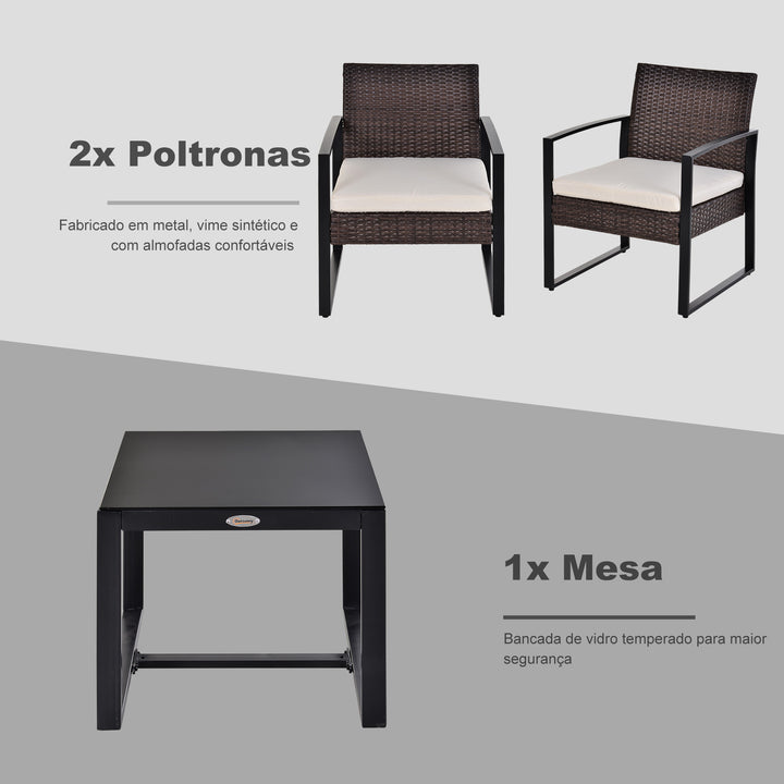Conjunto de Móveis de Jardim de Vime 3 Peças com 1 Mesa 42,5x40x39 cm 2 Poltronas 63x57x76 cm Almofada Acolchoada para Pátio Varanda Marrom